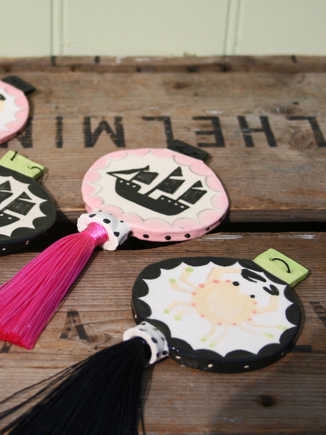 Ceramic double sided seaside lantern with crab and ship silhouette decorative hanging ornament 