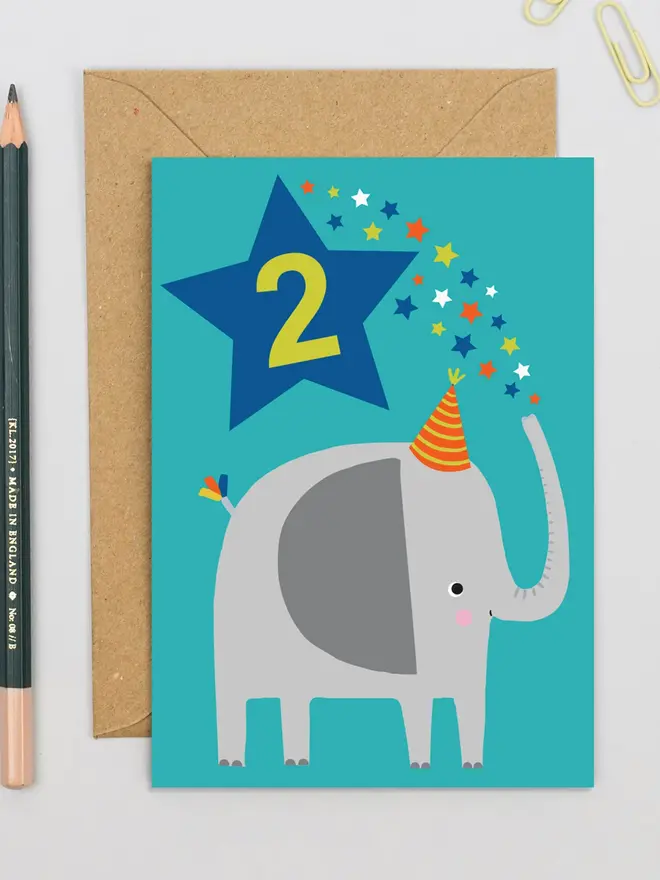 Elephant Bright Blue Kid's Second Birthday Card
