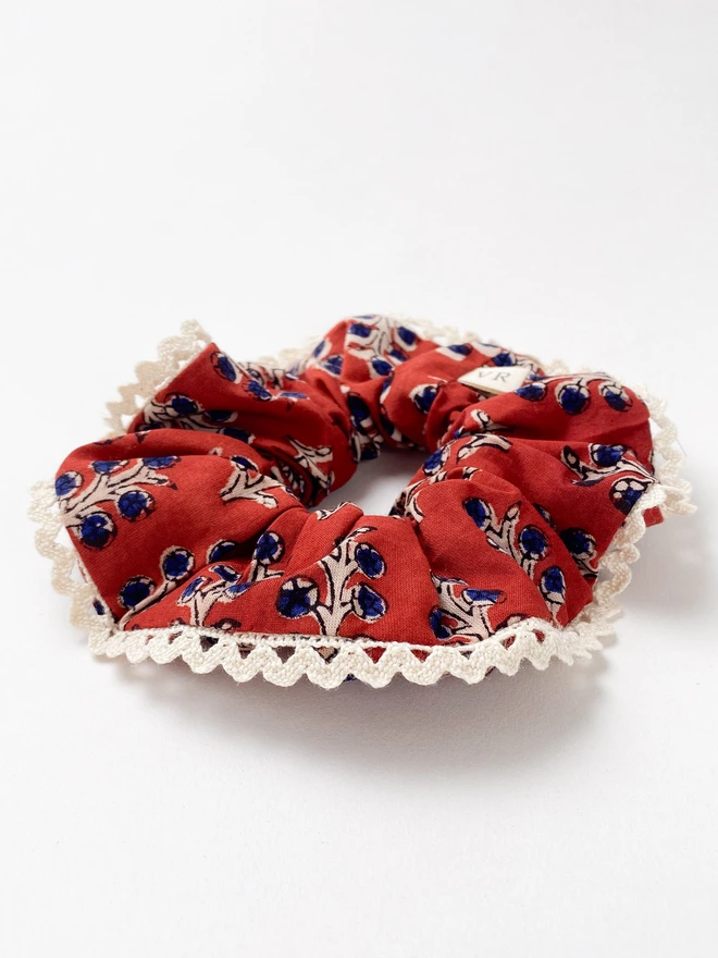 Lace edge of block printed hair scrunchie