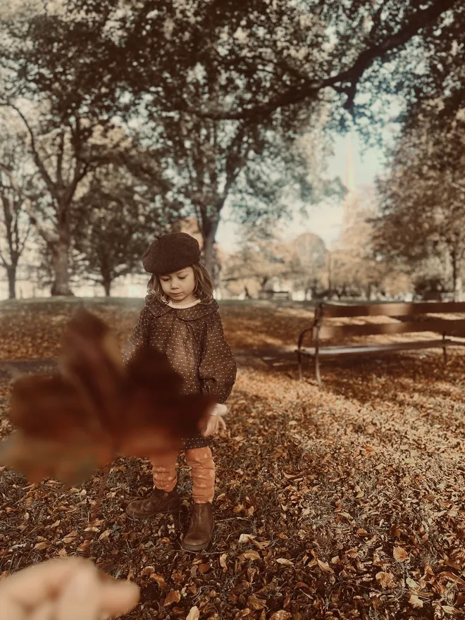 kids Peter Pan collar blouse dress top dotty brown