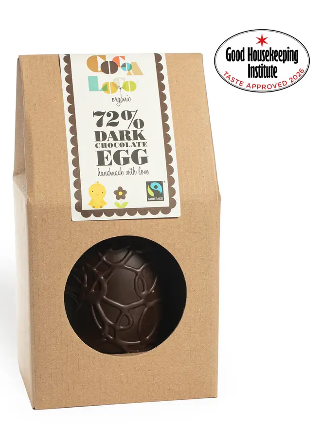 Dark chocolate egg in a brown box with a good housekeeping review