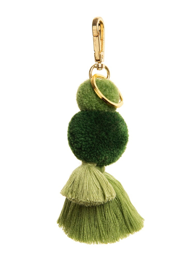 pom pom and tassel keyring. a keyring with green pom poms and tassels. 