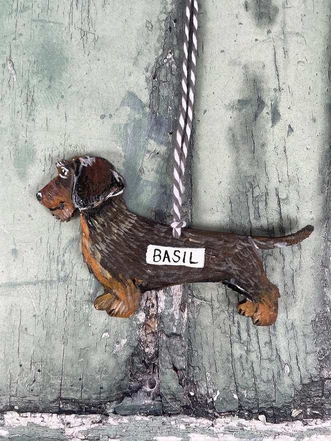 Wire - hared dachshund hanging keepsake portrait with grey twine