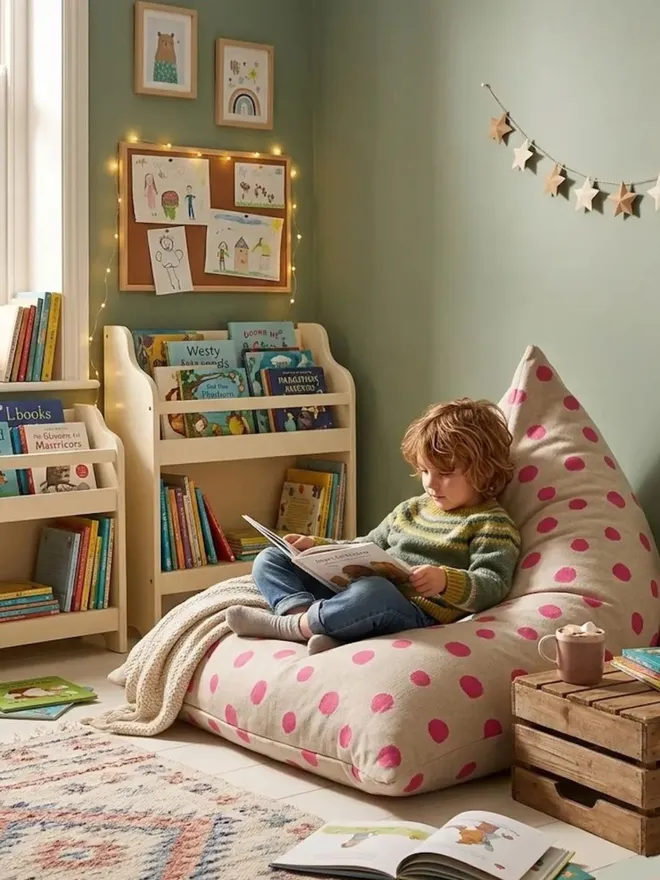 small child comfortably sitting on soft linen bean bag chair with colourful polka dot print reading a book in a corner of cosy bedroom