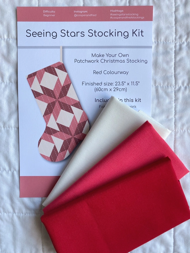 Cooper and Fred Make Your Own Patchwork Stocking Kit using the Seeing Stars Stocking Pattern Red Colourway