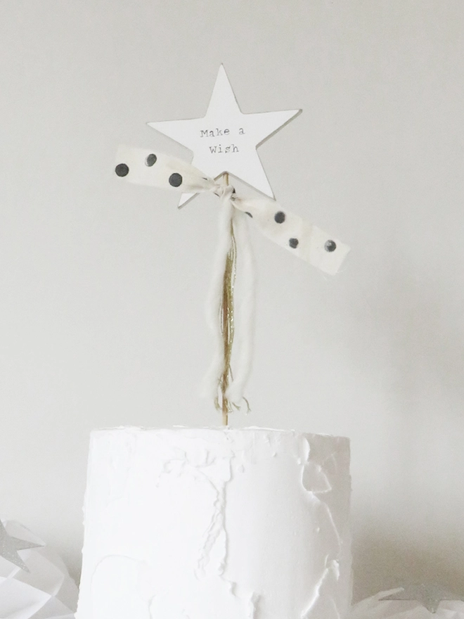 handpainted wooden star cake topper with make a wish message