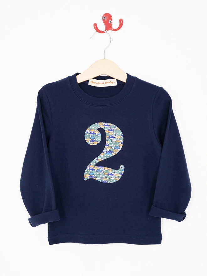 a navy birthday number 2 t-shirt with car liberty print