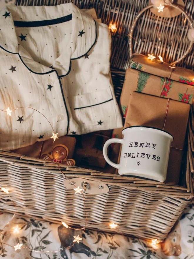 Personalised Ceramic Mug sat in Christmas Wicker Basket