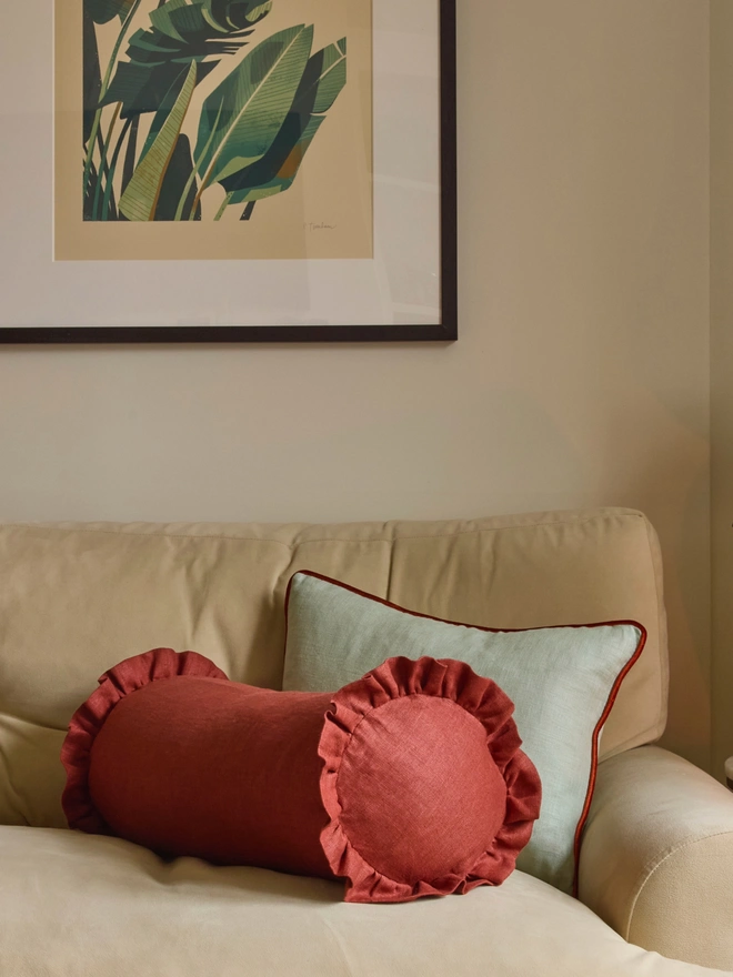 Kika Bespoke handmade rust classic linen bolster cushion