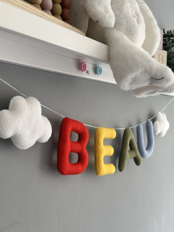 Personalised Name Garland with Clouds, kids decoration, nursery bunting, baby gift, wall hanging in bright colours 