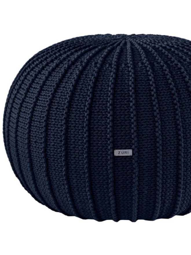 Zuri House. Large navy blue knitted pouffe.