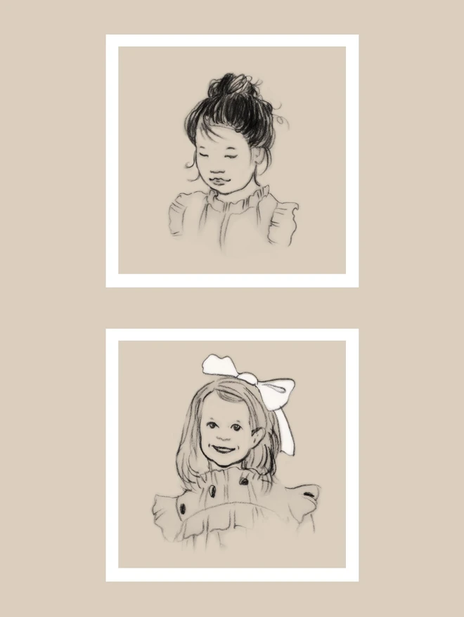 examples of hand drawn miniature portraits draw in a vintage children book style in pencil and sepia