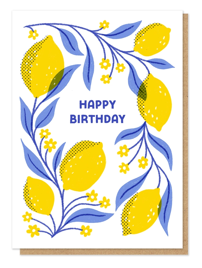 Greeting card with illustrations of lemons and blue vines, paired with a fleck craft envelope. 