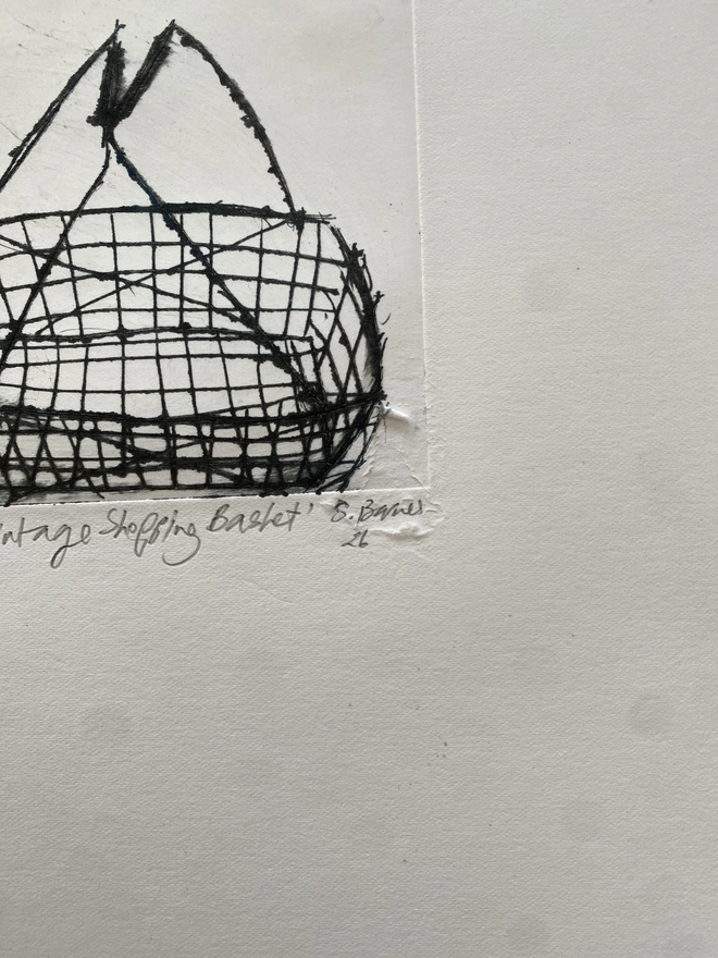 'Vintage Shopping Basket' Drypoint Print by Samantha Barnes
