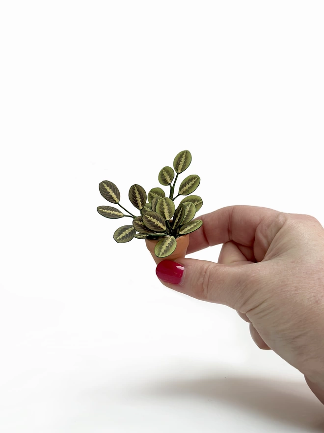 A miniature replica Maranta Prayer Plant paper plant ornament in a terracotta pot held between 2 fingers against a white background
