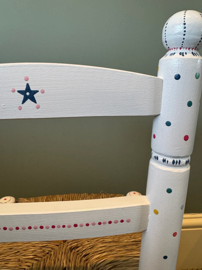 Ottilie Hand Painted Chair. A white chair with multicoloured dots.