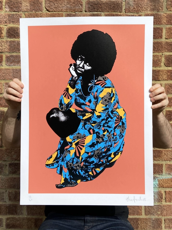 "Betty18" Hand Pulled Screen Print terracotta background with the singer betty wright printed on top as an illustration  she is staring forward at the viewer 