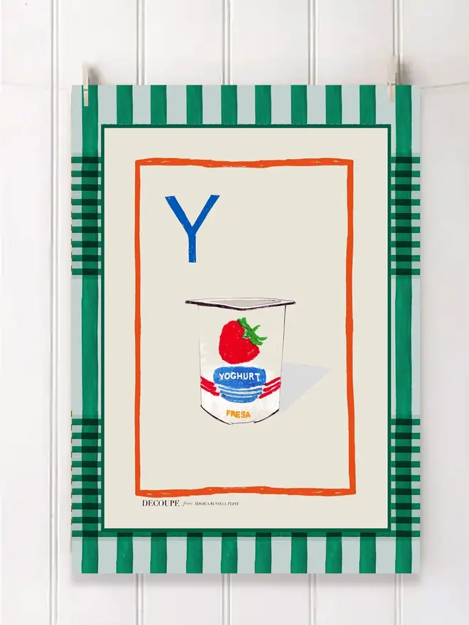 a-z alphabet tea towel. a tea towel with a yoghurt print and the letter 'y' in the corner.