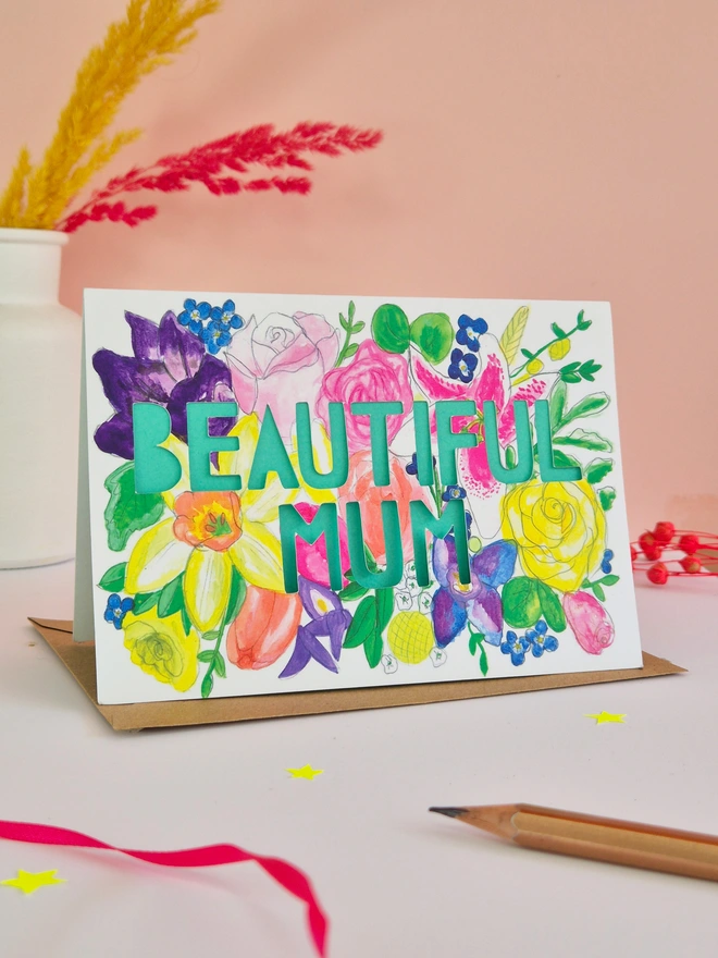 Floral Illustration card with beautiful Mum paper cut text and turquiose liner 
