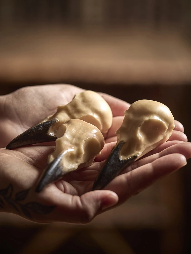 Realistic edible white chocolate crow skulls held in a hand