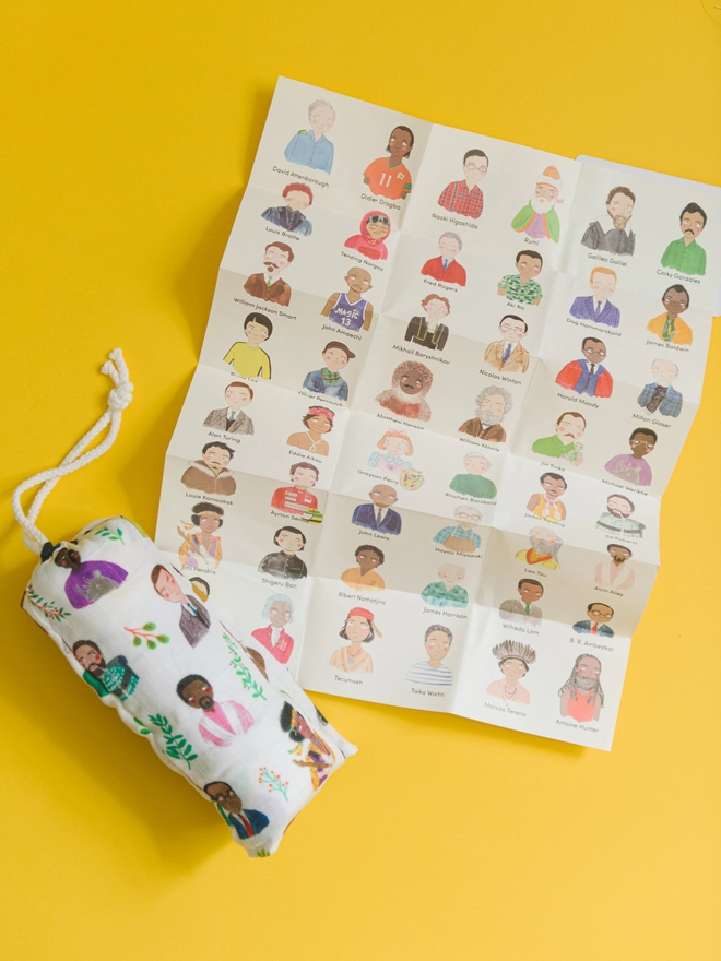 swaddle blanket packaged in drawstring bag, printed with little portraits of inspiring people. Alongside a guide to each portrait featured on the blanket