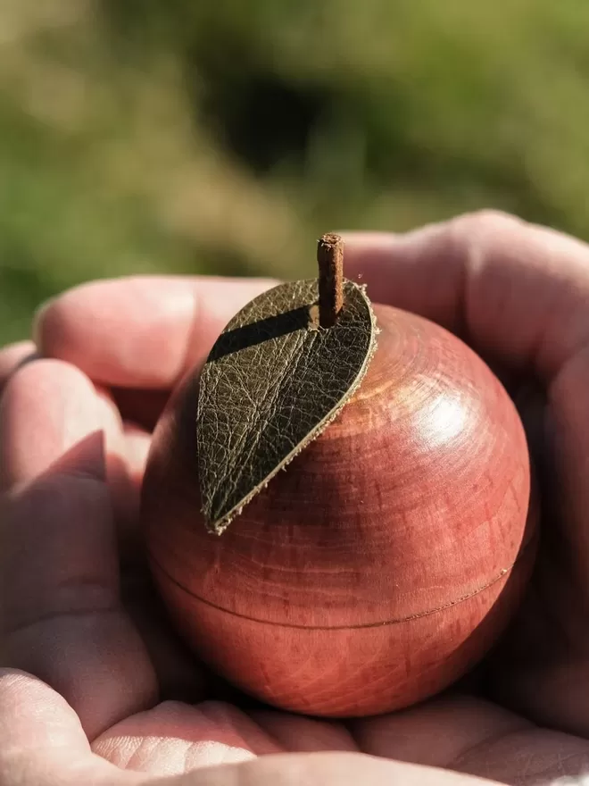 wooden apple held in the palm of the hand