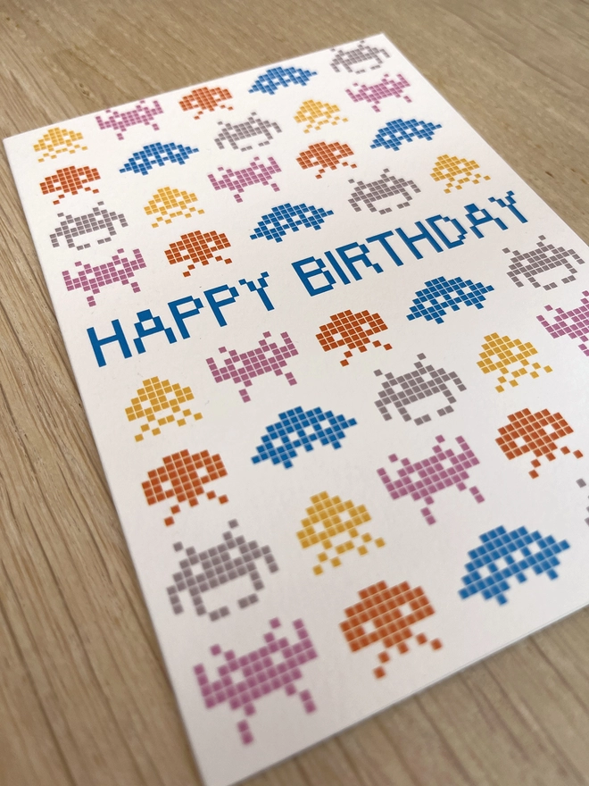 Happy Birthday card with space invaders