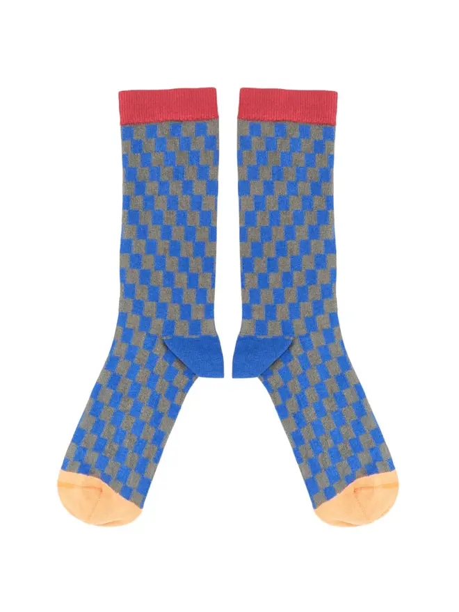 Men's Check Organic Cotten Ankle Socks, a pair of colourful patterned socks sitting on a plain white surface. 