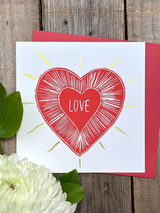 Love Heart Valentines Card Hand Printed Linocut With Gold