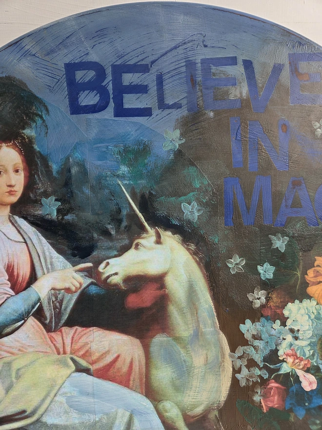 Unicorn art panel made from an upcycled table-top.