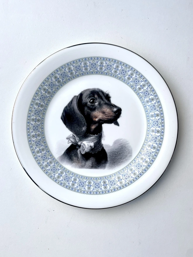 a vintage plate with an ornate border, in the centre of the plate is a vintage style black and white illustration of a beautiful dachshund dog puppy