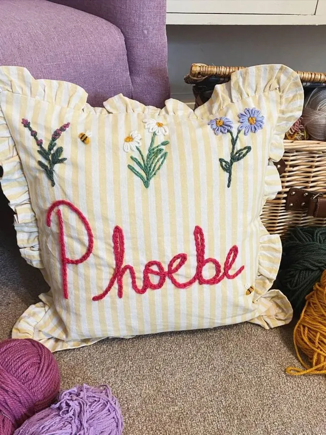 Personalised Lemon Stripe Cushion With Ruffle Trim