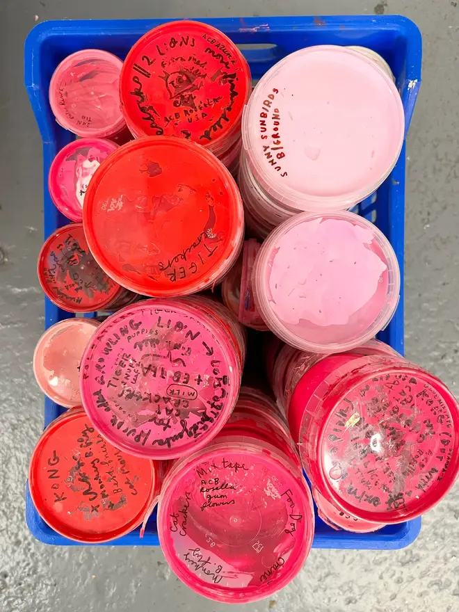 Sunbirds Snuff Bottle Screenprint Sunny Sunbirds, an image of the ten different shades of pink used to create the colourful design. 