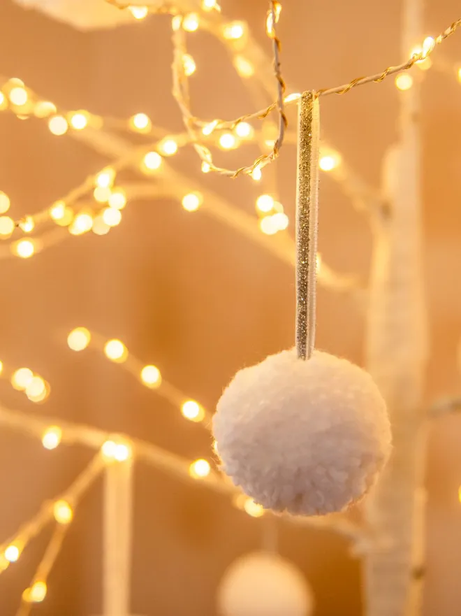 White Pom Pom Christmas Baubles set of 6 