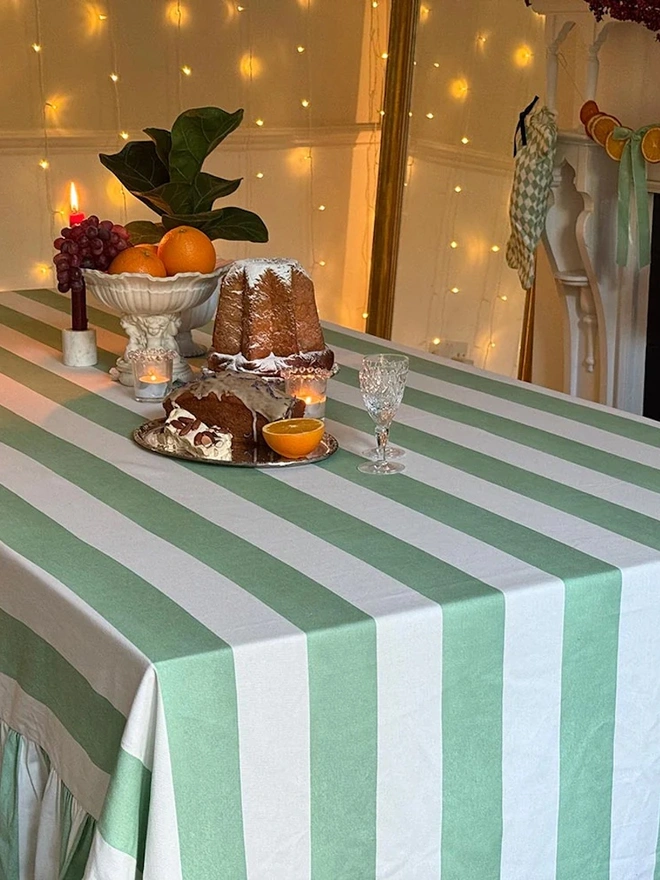 Riviera Winter Mint Striped Tablecloth Ruffle 