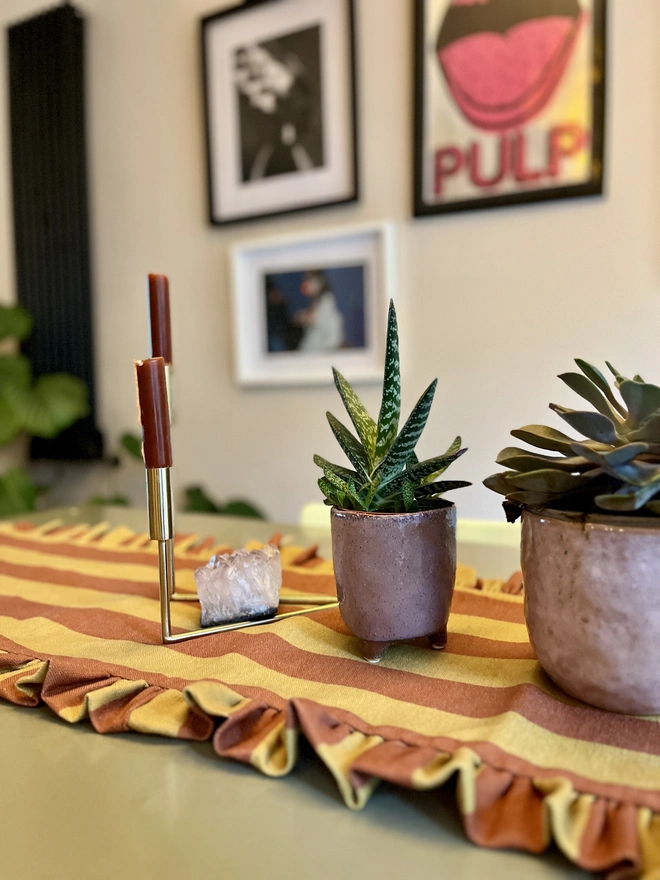Rust and mustard stripe ruffled table runner 
