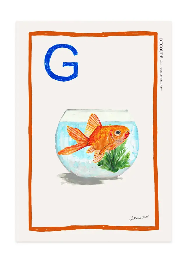 signed a-z alphabet prints. goldfish print with the letter 'g' in the corner.