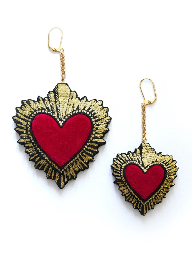 large & small red, gold & black sacred heart earrings