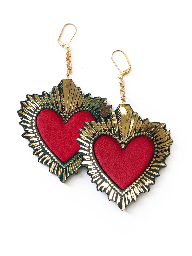 large red, gold & black leather sacred heart earrings