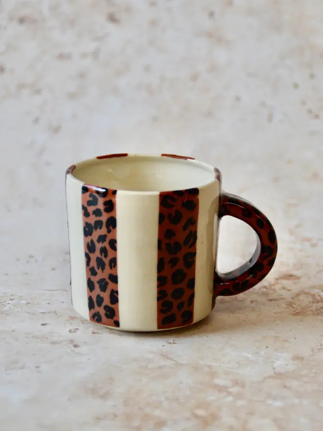 Le Petit Rayé handmade espresso cup with leopard pattern handle - side view