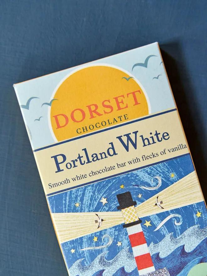 dorset chocolate Portland White white chocolate bar with lighthouse illustration