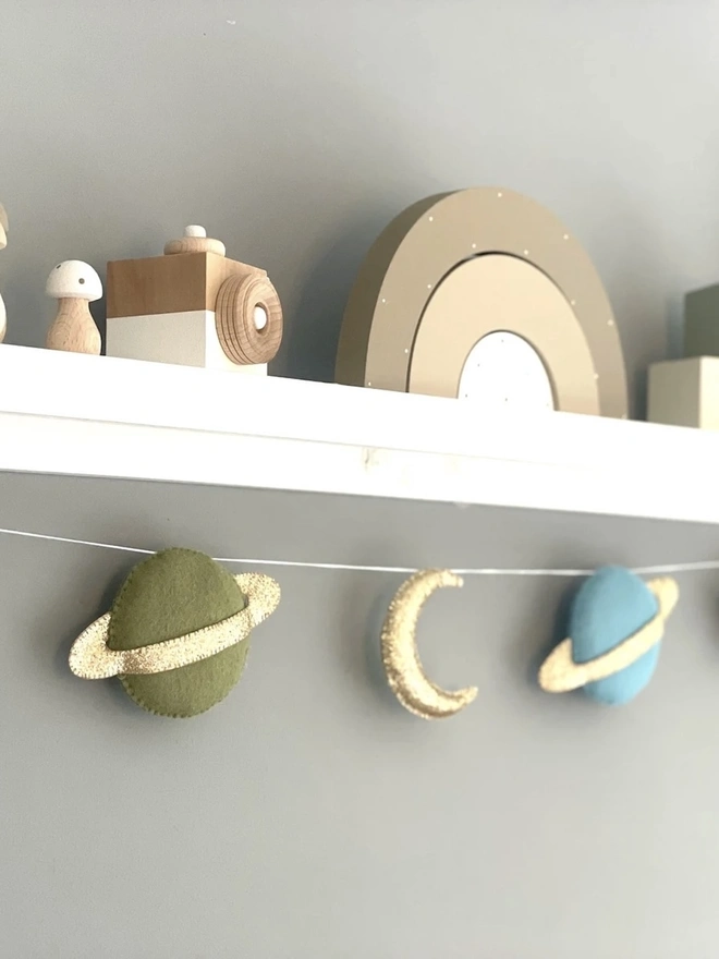 Planet And Stars themed garland hanging in a child's bedroom. nursery decoration, baby gift
