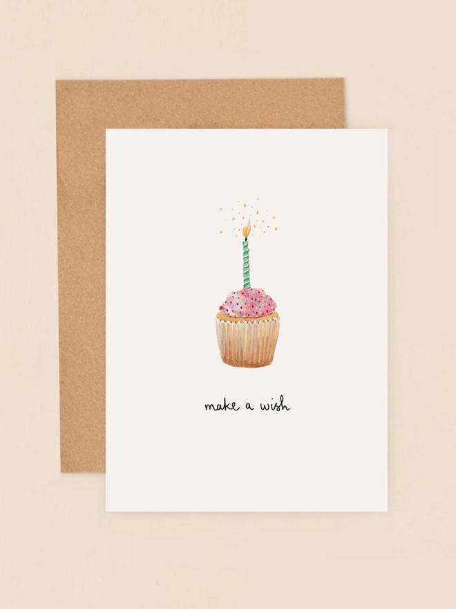 A delightful illustration of a beautifully decorated cupcake topped with colorful sprinkles and a glowing candle, accompanied by the cheerful message "Make a Wish" in a playful, handwritten font. The design features vibrant colors and a whimsical style, capturing the joy and excitement of celebrations.