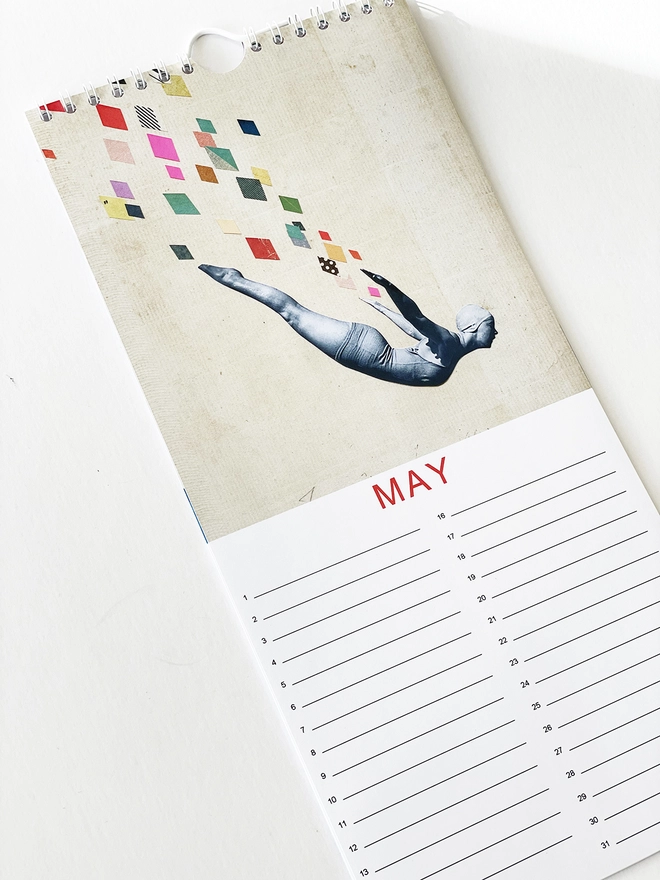 A page of a perpetual calendar showing a swimmer performing a swan dive.