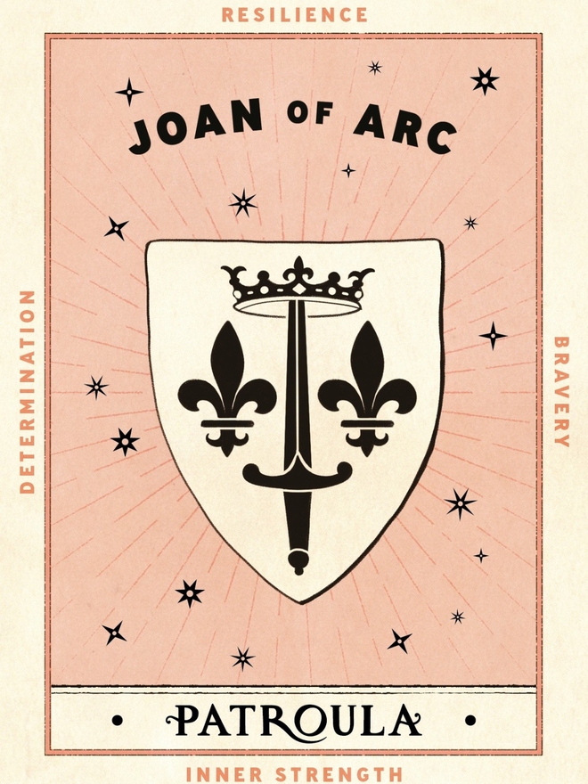 Pink Joan of Arc card with the symbol of a shield