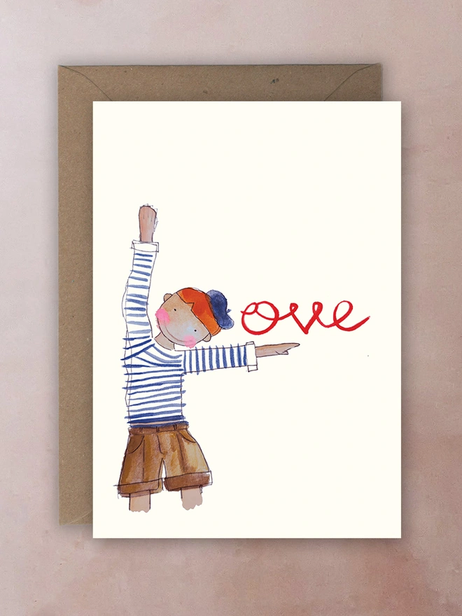 L Is For Love - A cute boy in stripes and beret holding his arms like an L