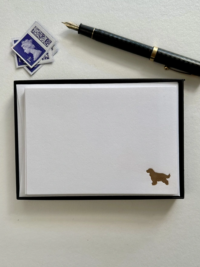 spaniel notecard set, gold spaniel in bottom corner, box of correspondence cards