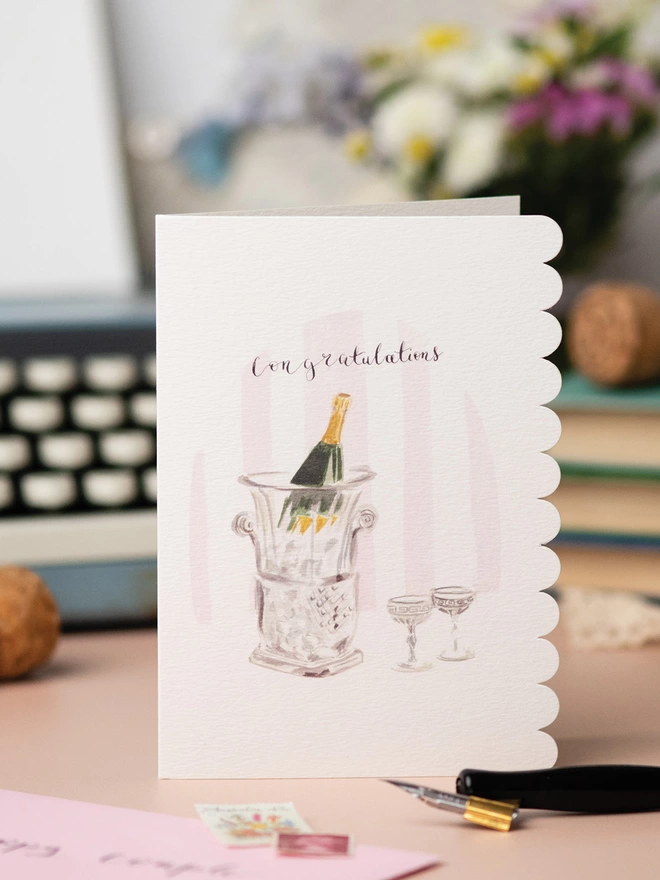 Congratulations Champagne Card with Scallop Edge Detail 