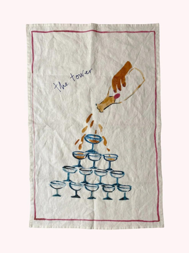 martini tower print linen tea towel