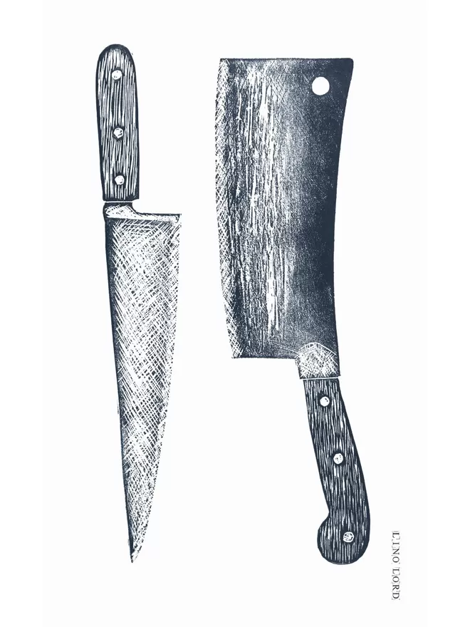 Picture of an image of a knife and a cleaver, taken from an original lino print